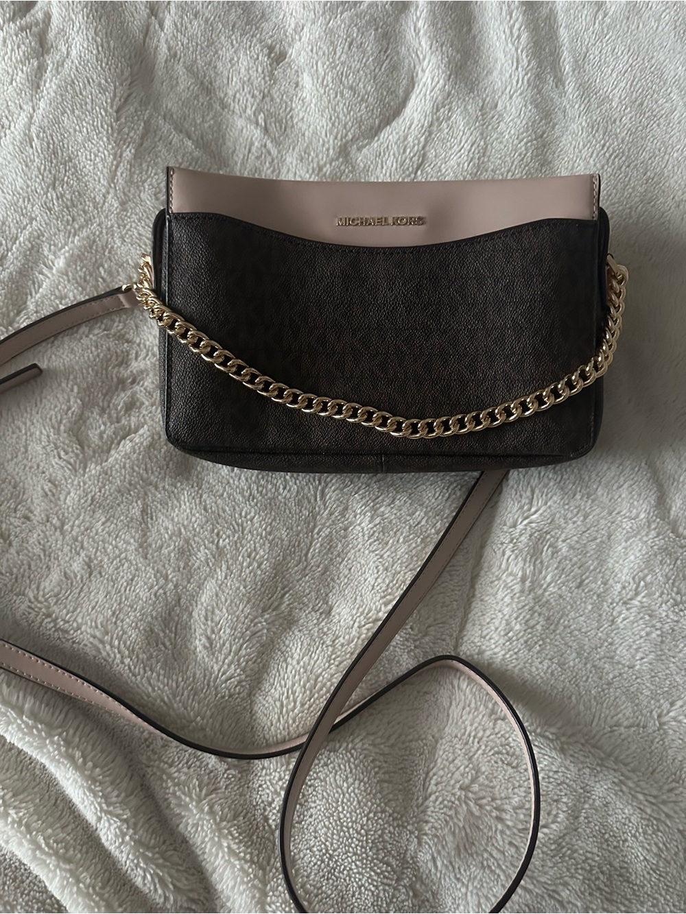 Michael Kors Brown Monogram & Pale Pink Chain Strap Crossbody